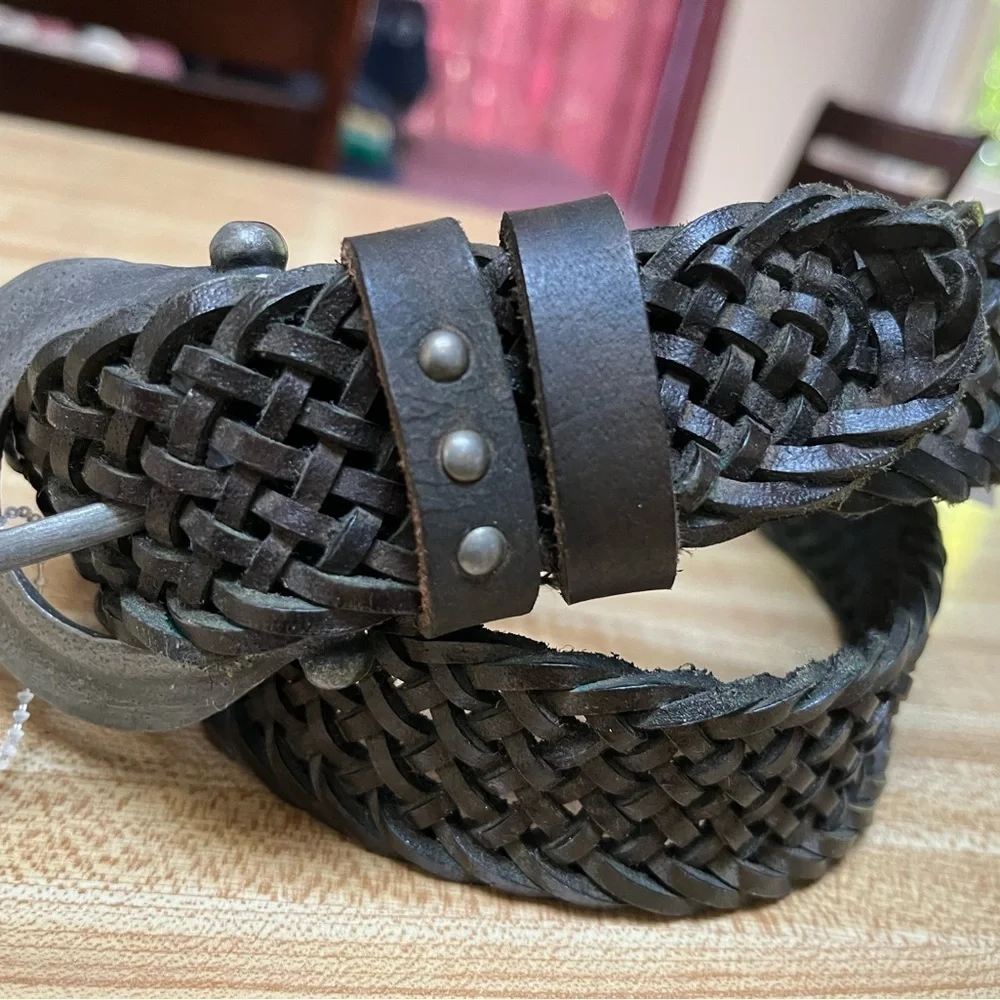 Free People We The Free Braided Leather Brix Belt Brownish Dark Green S/M NWOT